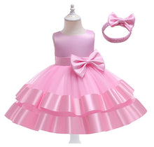 Carregar imagem no visualizador da galeria, Vestido escalonado liso con detalle de seda, moño y vincha