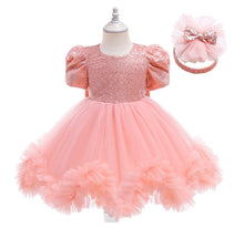 Carregar imagem no visualizador da galeria, Vestido con manga abullonada, detalle de lentejuelas, volados de tul y vincha