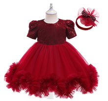 Carregar imagem no visualizador da galeria, Vestido con manga abullonada, detalle de lentejuelas, volados de tul y vincha