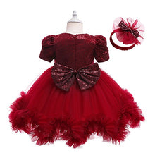 Carregar imagem no visualizador da galeria, Vestido con manga abullonada, detalle de lentejuelas, volados de tul y vincha