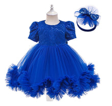 Carregar imagem no visualizador da galeria, Vestido con manga abullonada, detalle de lentejuelas, volados de tul y vincha