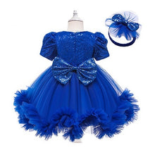 Carregar imagem no visualizador da galeria, Vestido con manga abullonada, detalle de lentejuelas, volados de tul y vincha