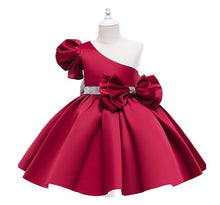 Carregar imagem no visualizador da galeria, Vestido de un solo hombro, manga abullonada, cinto y moño de lentejuelas