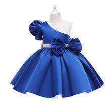 Carregar imagem no visualizador da galeria, Vestido de un solo hombro, manga abullonada, cinto y moño de lentejuelas