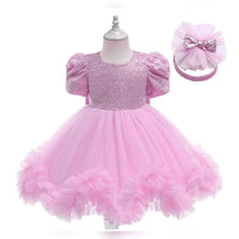 Carregar imagem no visualizador da galeria, Vestido con manga abullonada, detalle de lentejuelas, volados de tul y vincha