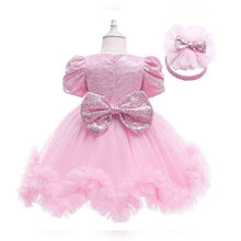 Carregar imagem no visualizador da galeria, Vestido con manga abullonada, detalle de lentejuelas, volados de tul y vincha