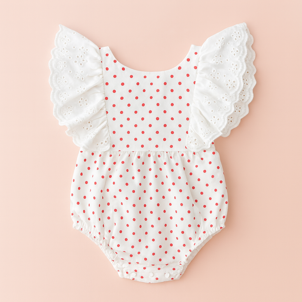 Body blanco con motas rojo y detalle broderie en las mangas