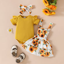 Carregar imagem no visualizador da galeria, Body mostaza acanalado y vestido tipo jardinera de girasoles con vincha
