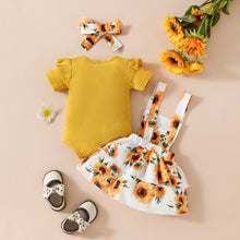 Carregar imagem no visualizador da galeria, Body mostaza acanalado y vestido tipo jardinera de girasoles con vincha
