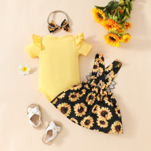 Carregar imagem no visualizador da galeria, Body amarillo y pollera con tirante de girasoles con vincha
