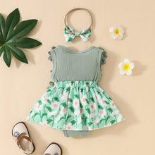 Cargar imagen en el visor de la galería, Body vestido acanalado verde con bordado de flores y vincha

