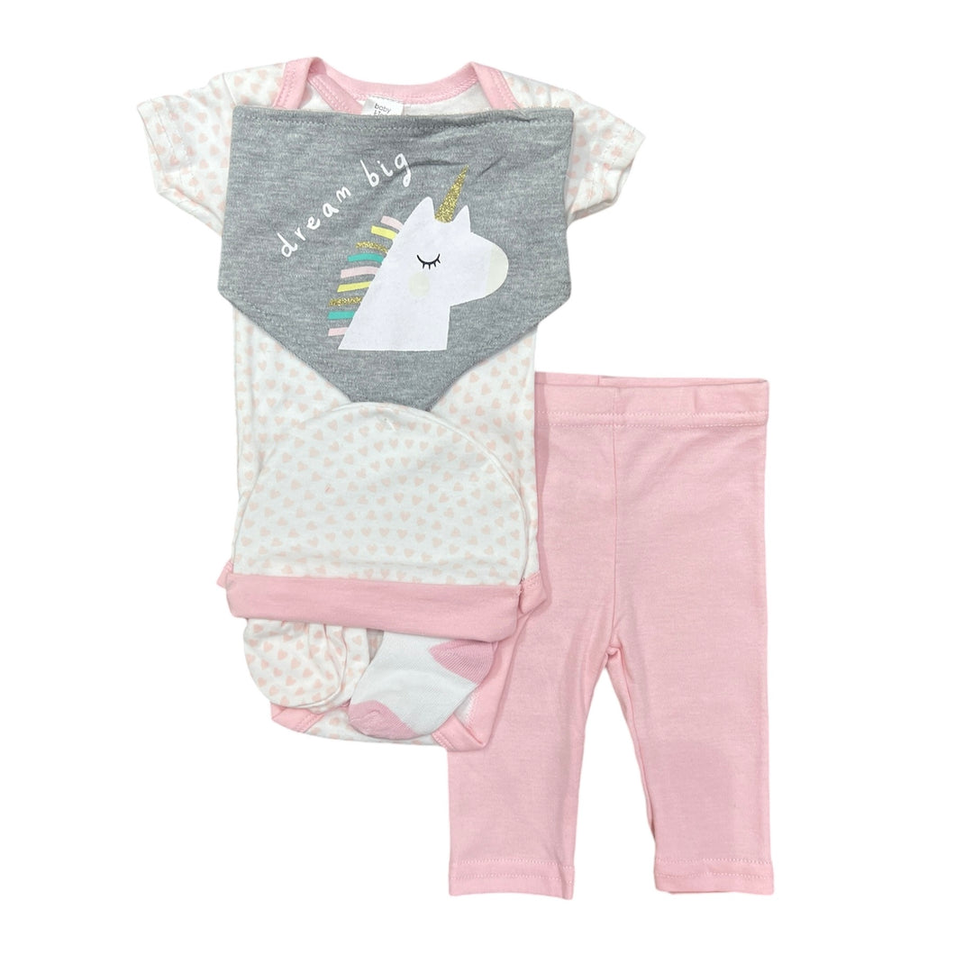 Kit de 7 piezas de unicornio (body + pantalón + babero + manopla + media + gorra + funda para guardar)