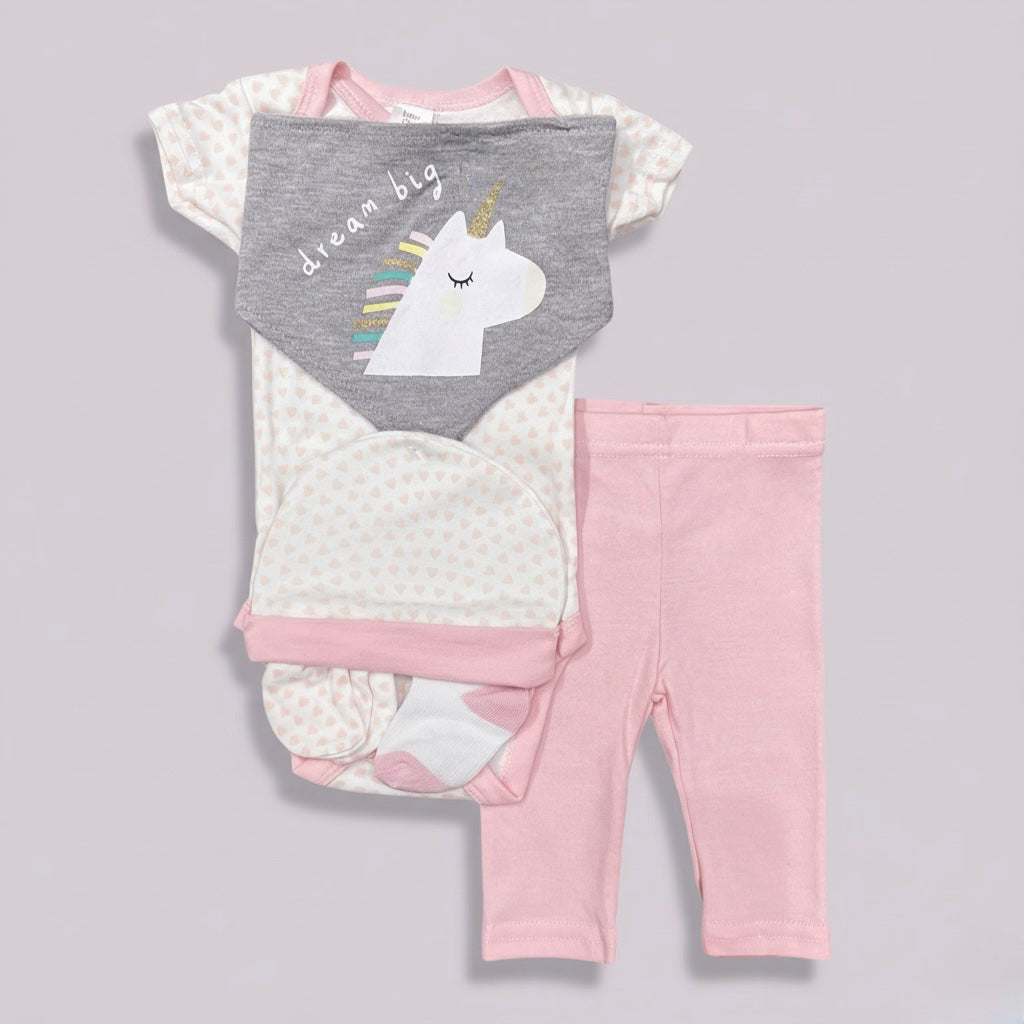Kit de 7 piezas de unicornio (body + pantalón + babero + manopla + media + gorra + funda para guardar)