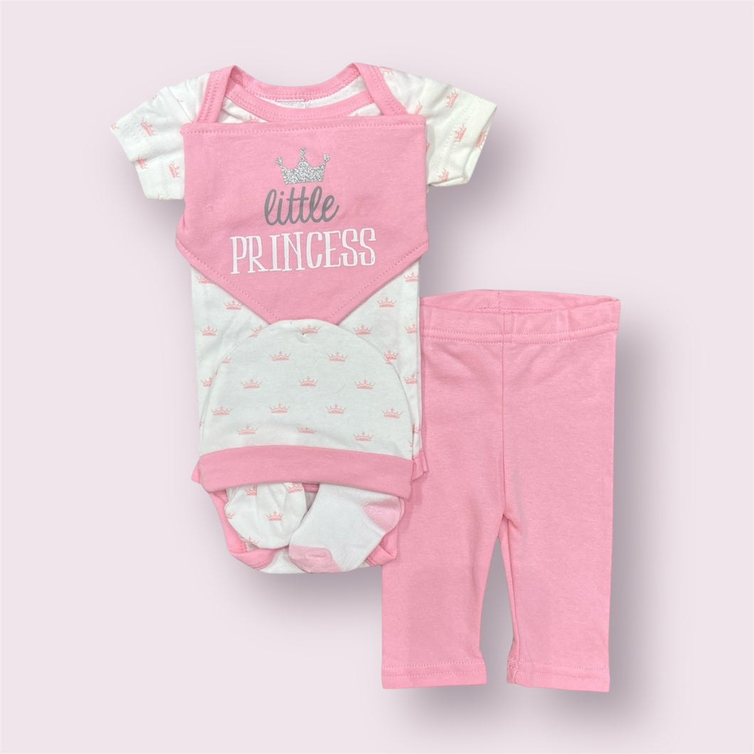 Kit de 7 piezas de princesa (body + pantalón + babero + manopla + media + gorra + funda para guardar)