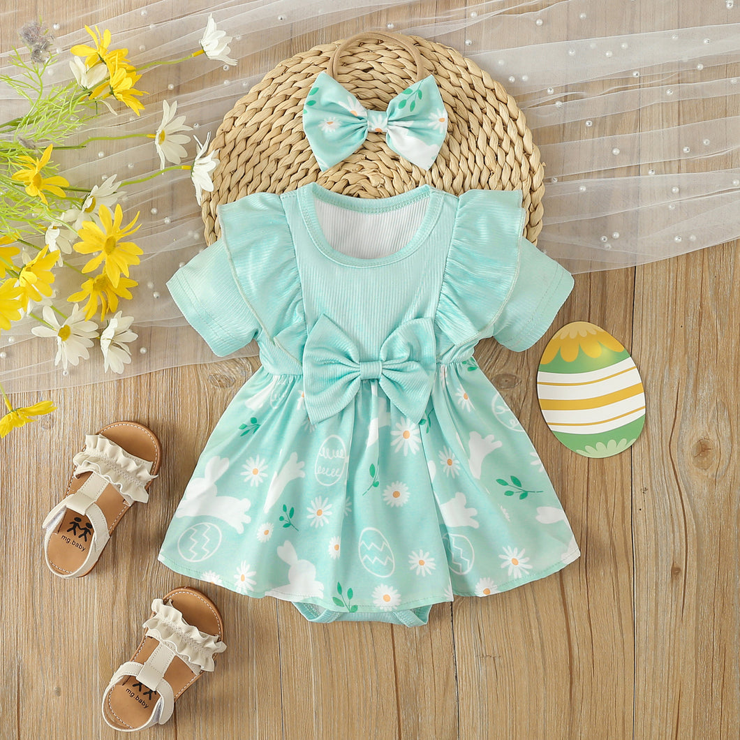 Body vestido verde agua con falda de estampas de conejos y vincha