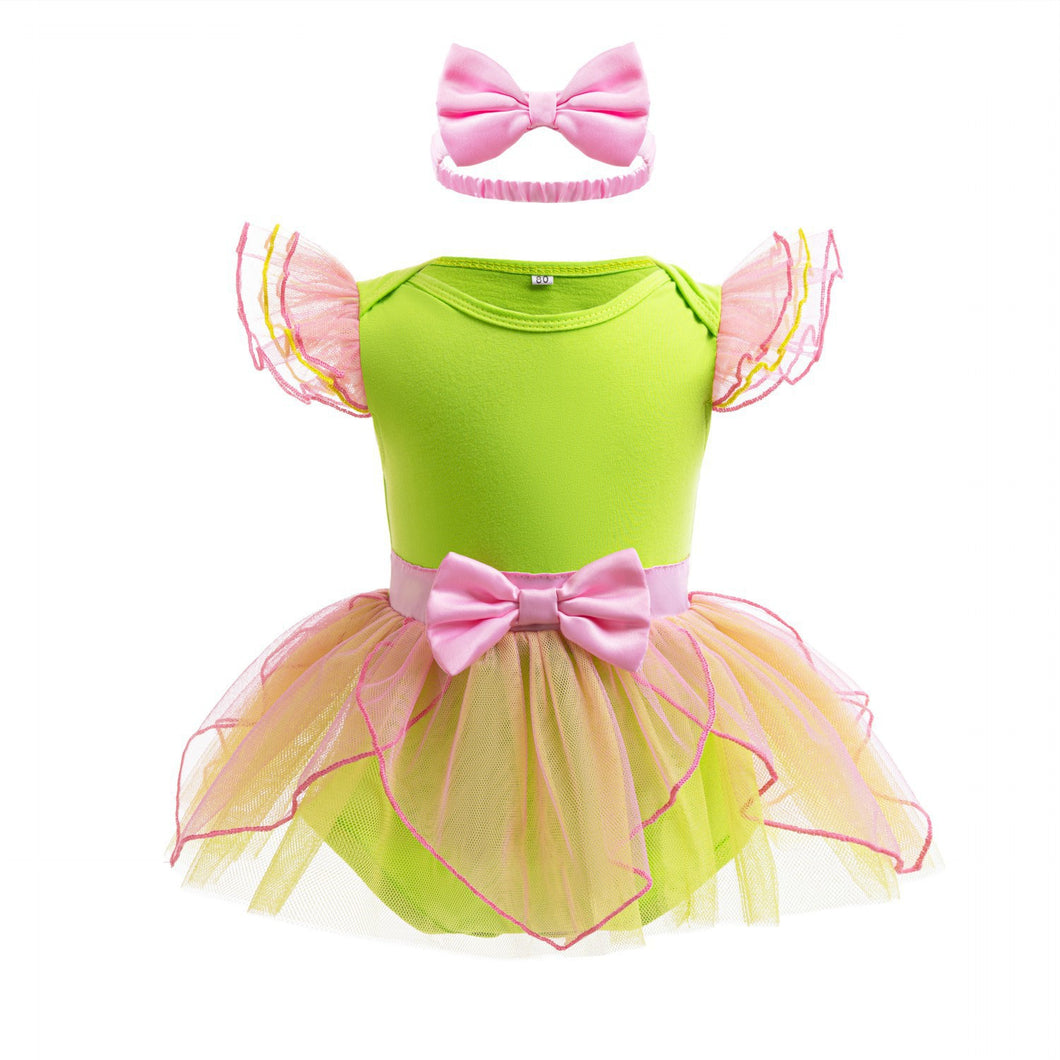Body vestido verde con rosa, moño y vincha