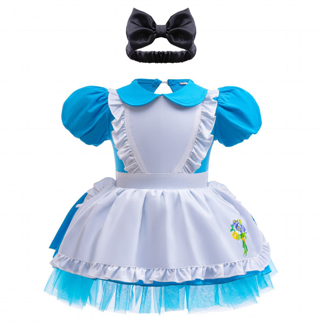 Body vestido celeste estilo Alicia en el país de las maravillas con vincha
