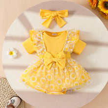 Carregar imagem no visualizador da galeria, Body liso amarillo con jardinera de tul con flores y vincha
