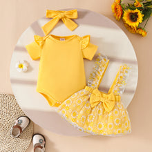 Carregar imagem no visualizador da galeria, Body liso amarillo con jardinera de tul con flores y vincha

