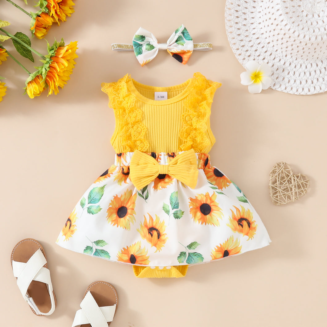 Body vestido amarillo con falda de girasoles y vincha