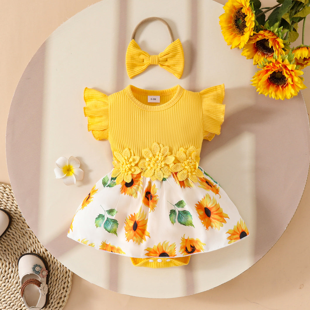 Body vestido amarillo con falda de girasoles, volados y vincha