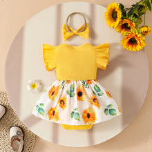 Carregar imagem no visualizador da galeria, Body vestido amarillo con falda de girasoles, volados y vincha
