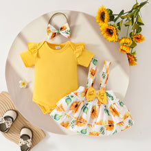 Carregar imagem no visualizador da galeria, Body amarillo y pollera con tirante de girasoles con vincha
