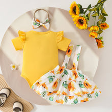 Carregar imagem no visualizador da galeria, Body amarillo y pollera con tirante de girasoles con vincha
