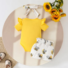 Carregar imagem no visualizador da galeria, Body amarillo con short blanco de abejas y vincha
