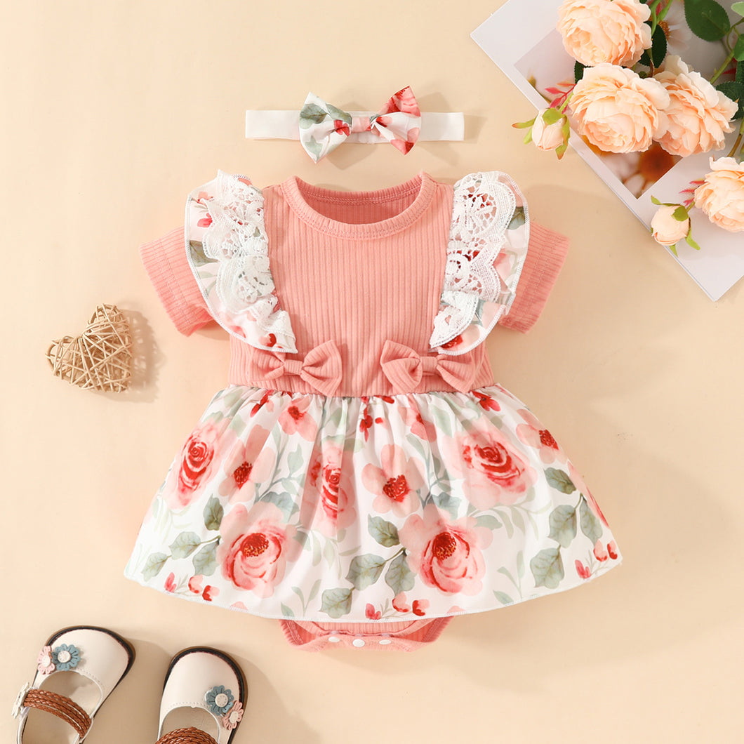 Body vestido salmón con estampas de flores y vincha