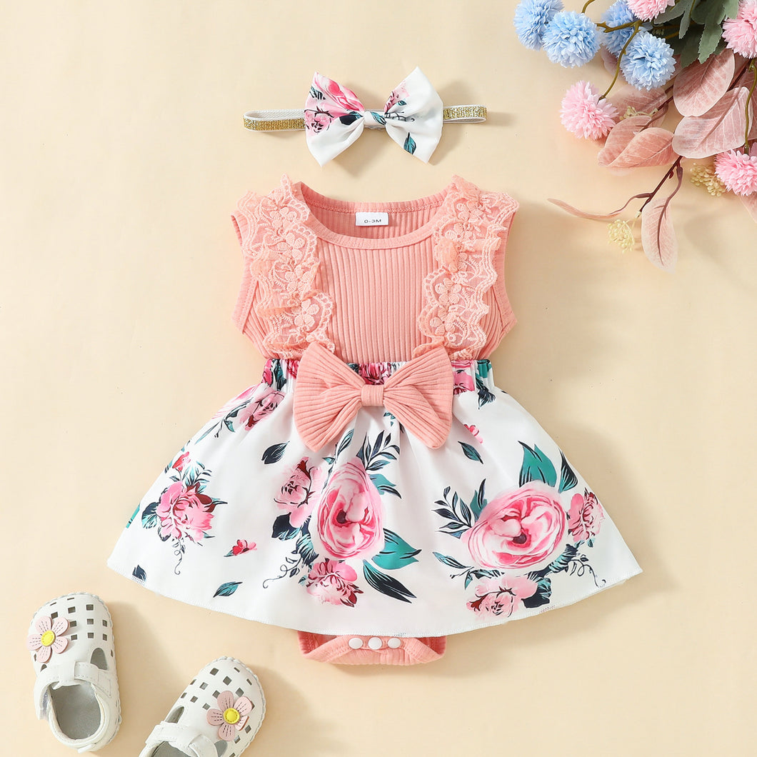 Body vestido salmón con estampas de flores y vincha