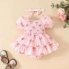 Carregar imagem no visualizador da galeria, Body vestido engomado rosa con estampas de moños y vincha
