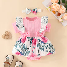 Carregar imagem no visualizador da galeria, Body vestido rosa acanalado, detalles broderie con estampas de flores y vincha

