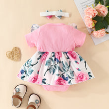 Carregar imagem no visualizador da galeria, Body vestido rosa acanalado, detalles broderie con estampas de flores y vincha
