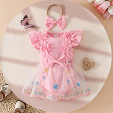 Cargar imagen en el visor de la galería, Body vestido acanalado, falda de tul con bordados de flores y vincha
