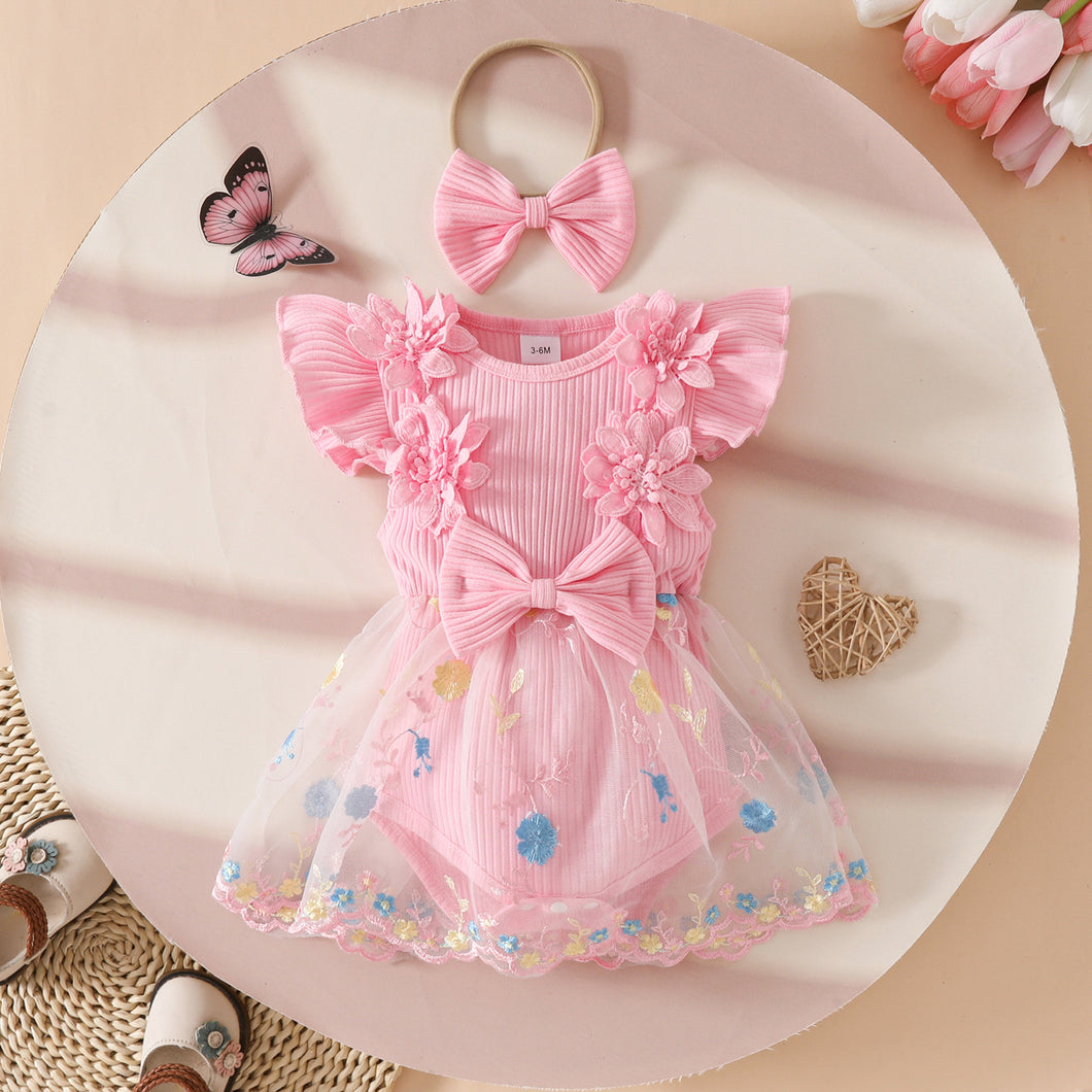 Body vestido acanalado, falda de tul con bordados de flores y vincha