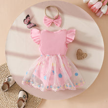 Cargar imagen en el visor de la galería, Body vestido acanalado, falda de tul con bordados de flores y vincha

