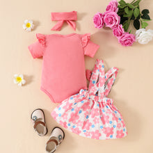 Carregar imagem no visualizador da galeria, Body salmón, pollera con tirante de oso y estampas de flores con vincha
