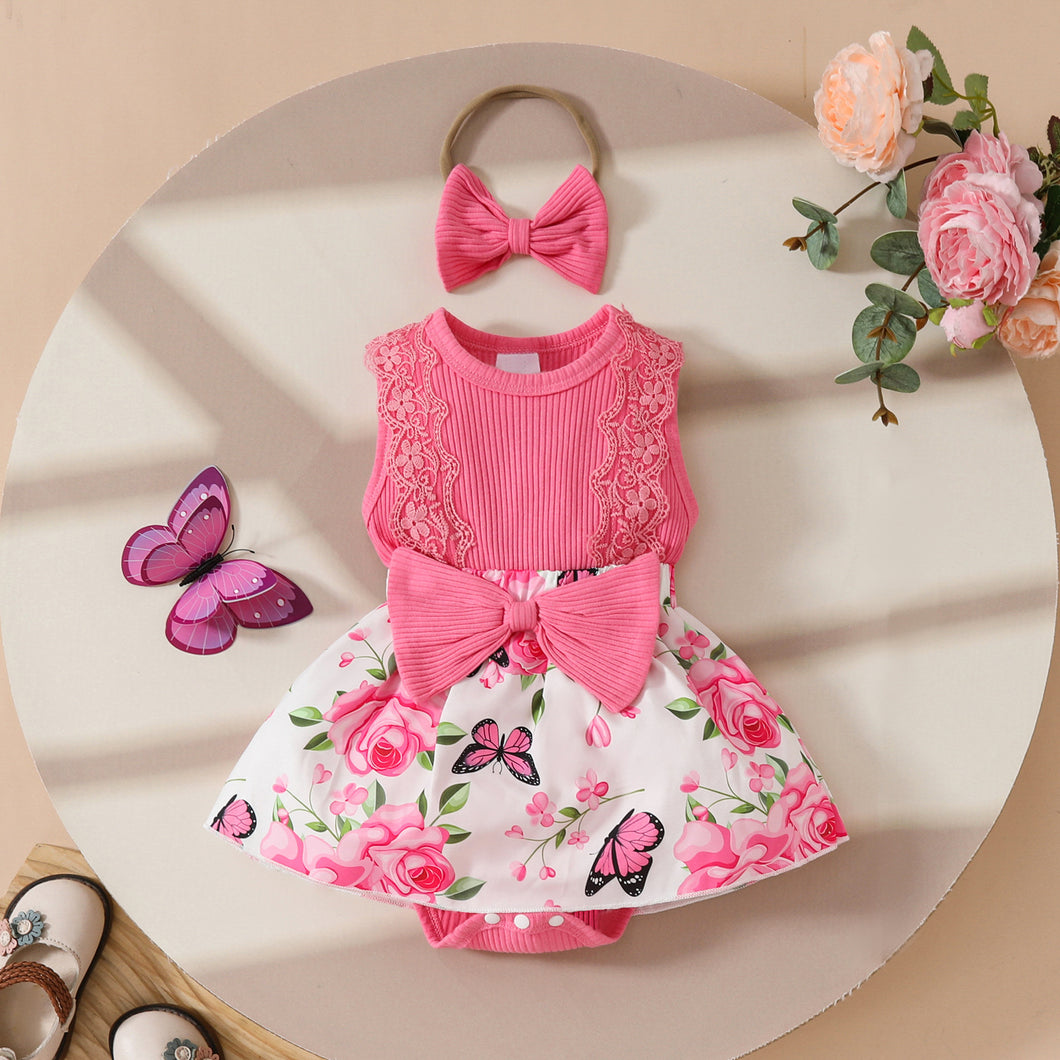 Body vestido pink con estampas de mariposas y vincha