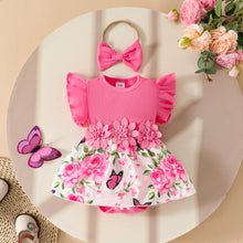 Carregar imagem no visualizador da galeria, Body vestido pink con volados, estampas de mariposas y vincha
