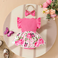 Carregar imagem no visualizador da galeria, Body vestido pink con volados, estampas de mariposas y vincha
