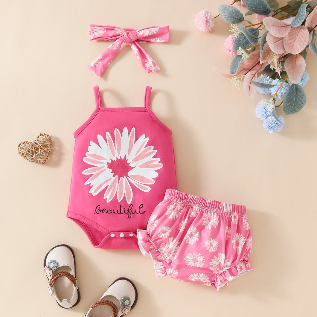 Body pink, cubre pañal con estampas de margaritas y vincha