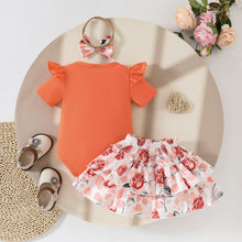 Carregar imagem no visualizador da galeria, Body naranja, pollera con estampas de flores y vincha

