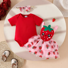 Carregar imagem no visualizador da galeria, Body rojo, pollera rosa de frutillas con brillo, tirantes y vincha
