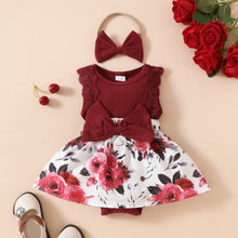 Carregar imagem no visualizador da galeria, Body vestido bordo con estampas de flores y vincha
