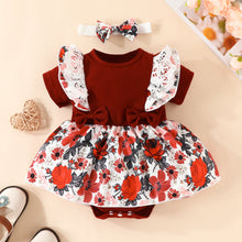 Cargar imagen en el visor de la galería, Body vestido bordo con estampas de flores, volados  y vincha
