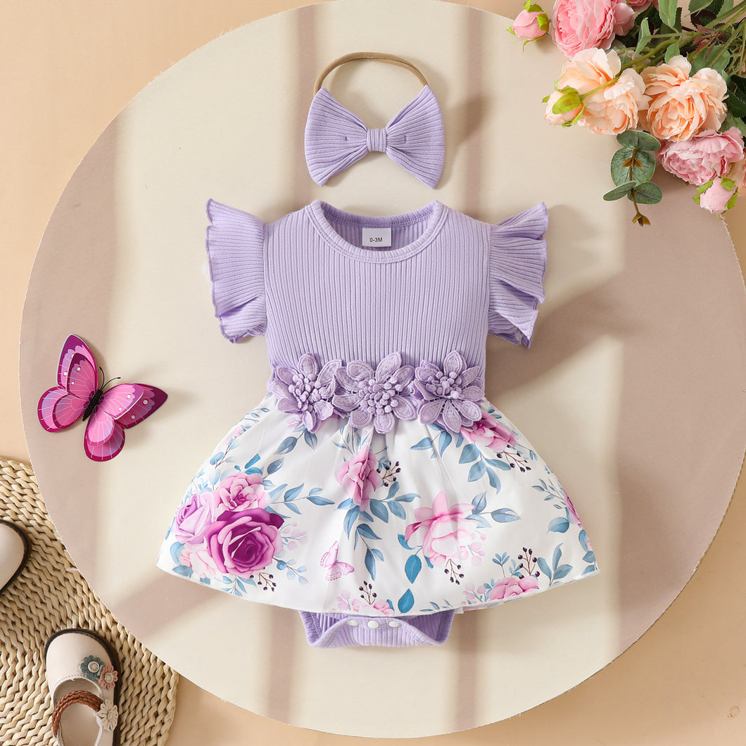 Body vestido lila con estampas de flores, volados y vincha