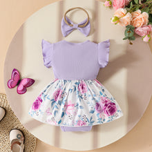 Carregar imagem no visualizador da galeria, Body vestido lila con estampas de flores, volados y vincha
