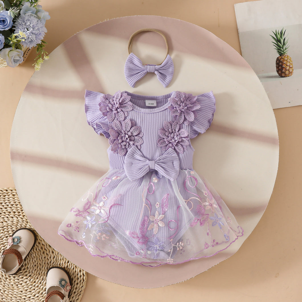 Body vestido lila con falda de tul, bordados de flores y vincha
