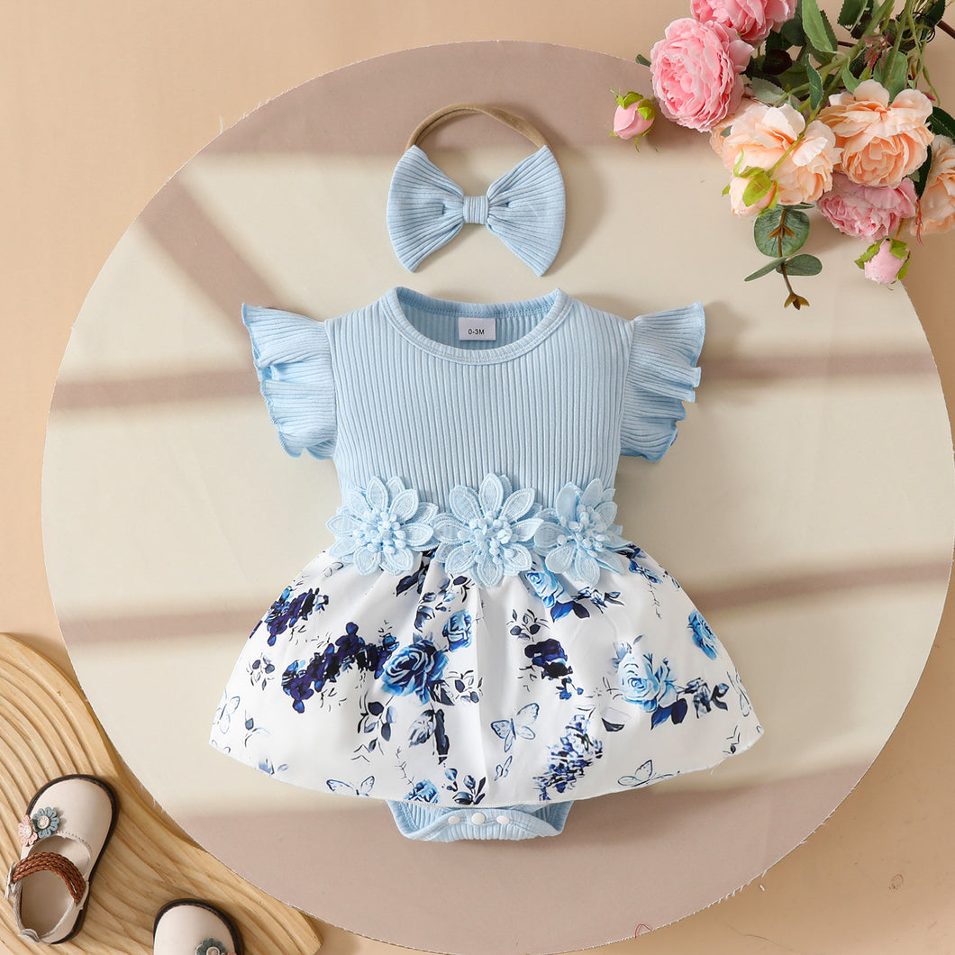 Body vestido acanalado celeste con falda de flores y vincha